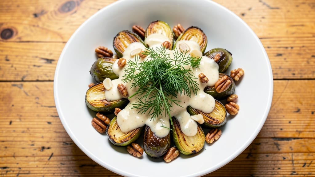 Brussels Sprouts Salad Recipe for Thanksgiving: Crispy Roasted Crowns Over Creamy Herb Bliss