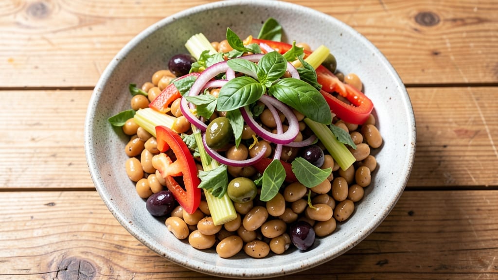 Antipasto Dense Bean Salad Recipe: Crisp Celery Crowns and Hearty White Bean Bliss
