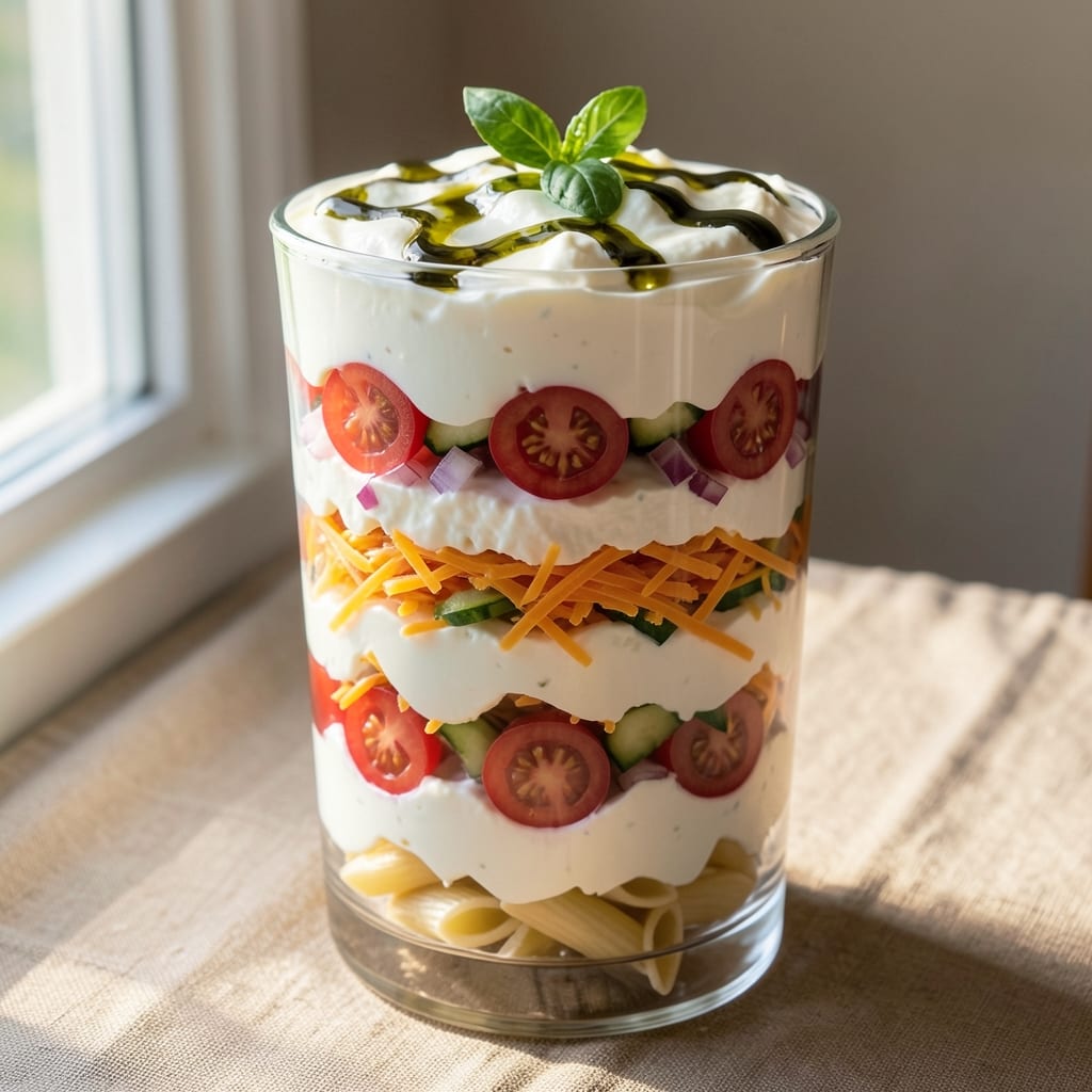 7 Layer Pasta Salad Recipe: No-Mayo Creaminess With Crunchy Top Layers