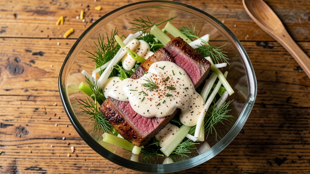 Beef Tenderloin Salad Recipe: Crispy Celery Crown Over Smoky Herb Cream Cheese Bliss