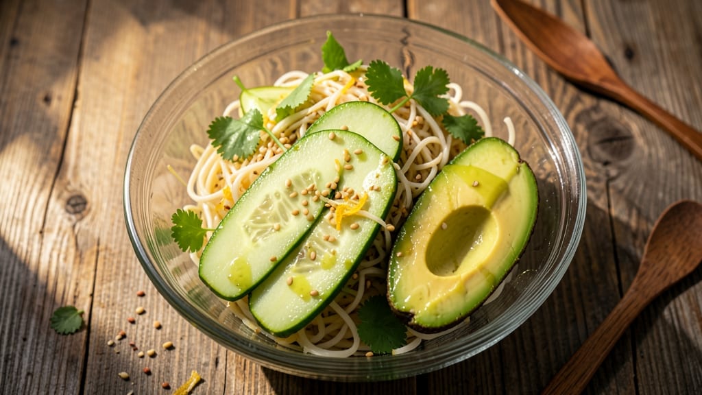 Asian Cucumber Avocado Salad Recipe: Zesty-Lime Dressing With Crunchy Rice Noodles
